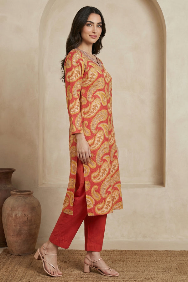 Rust Red Paisley Thread Embroidered Modal Straight Kurta