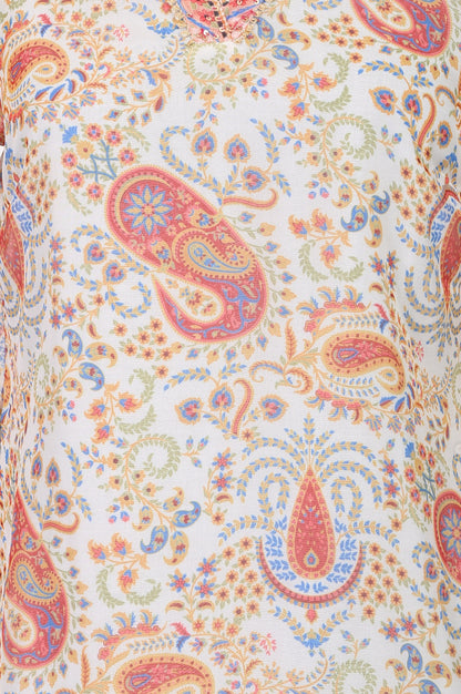 Off White Paisley Sequins Organza Straight Kurta