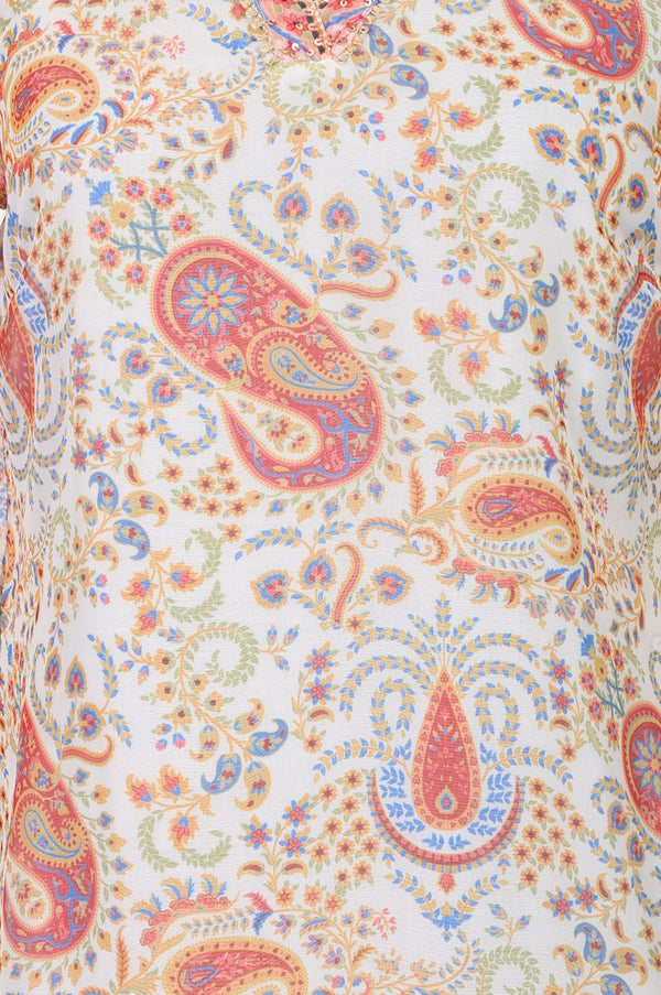 Off White Paisley Sequins Organza Straight Kurta