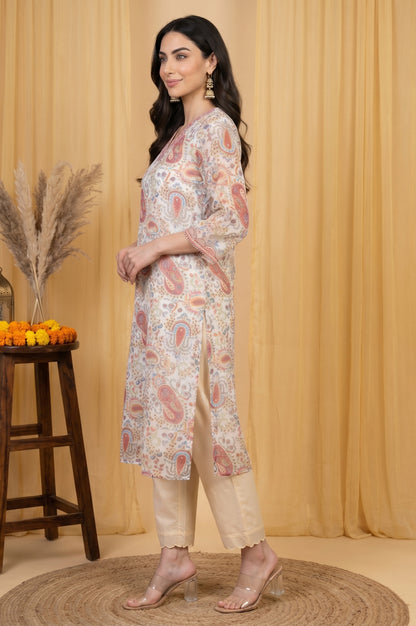 Off White Paisley Sequins Organza Straight Kurta