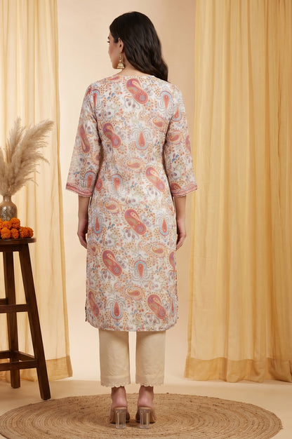 Off White Paisley Sequins Organza Straight Kurta