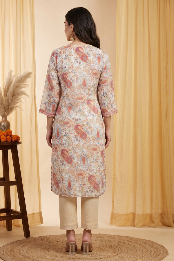 Off White Paisley Sequins Organza Straight Kurta