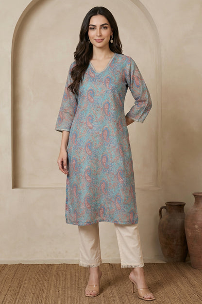 Turquoise Blue Ethnic Motifs Lace Kota Straight Kurta