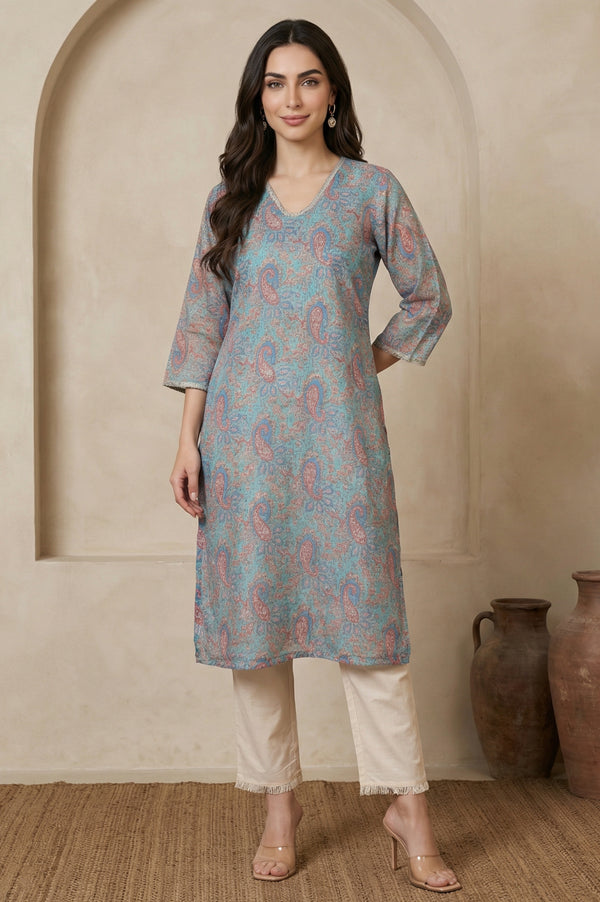 Turquoise Blue Ethnic Motifs Lace Kota Straight Kurta