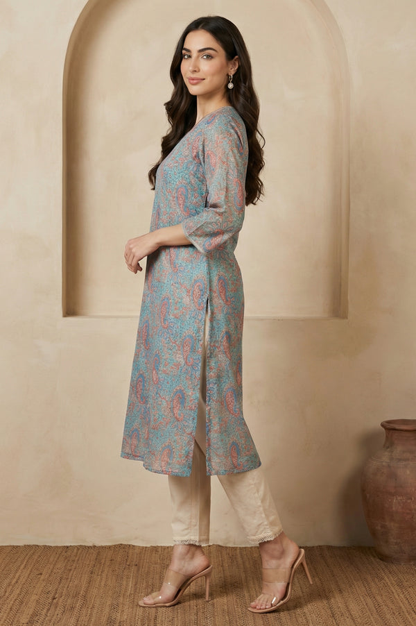 Turquoise Blue Ethnic Motifs Lace Kota Straight Kurta