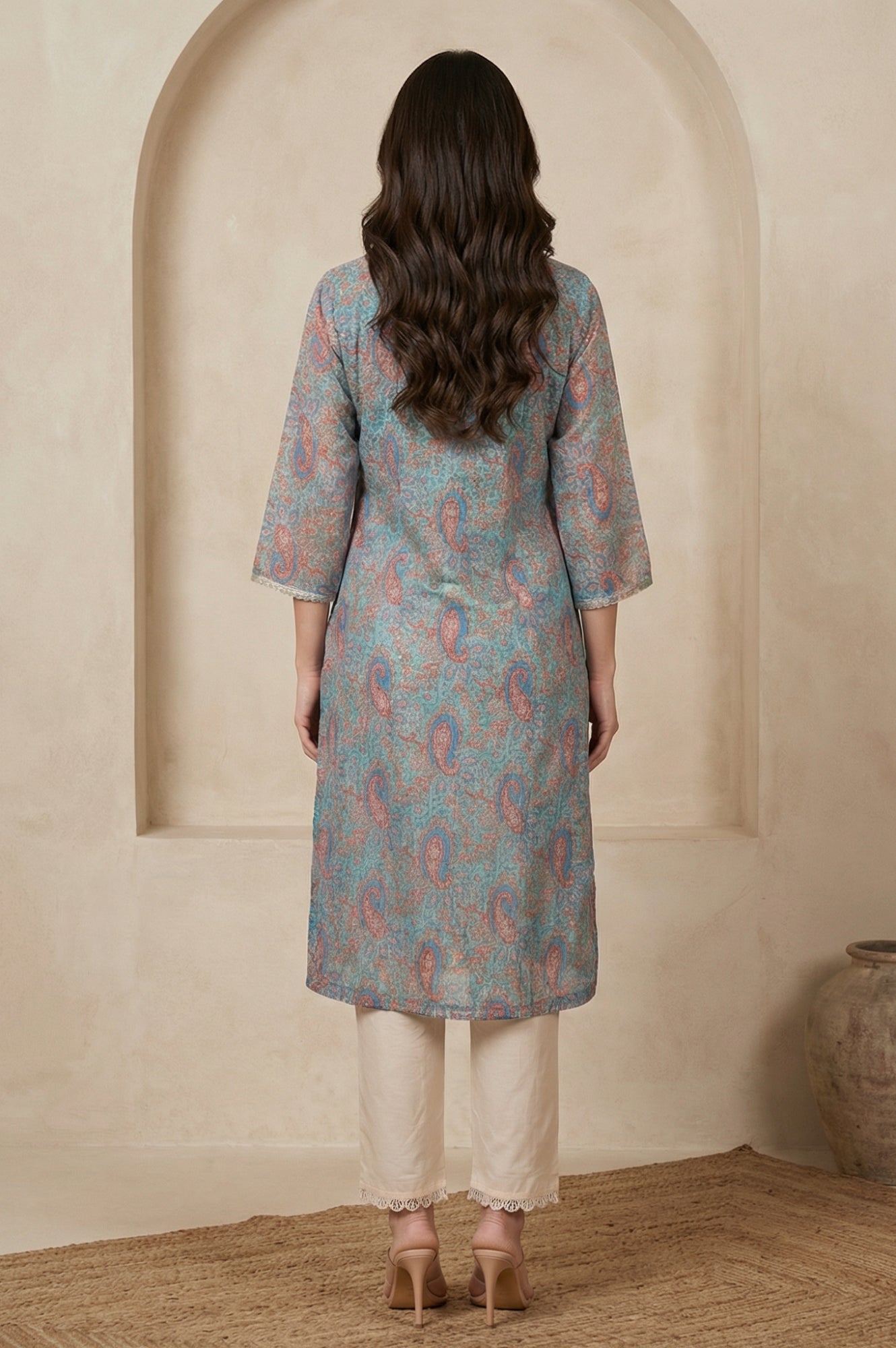 Turquoise Blue Ethnic Motifs Lace Kota Straight Kurta