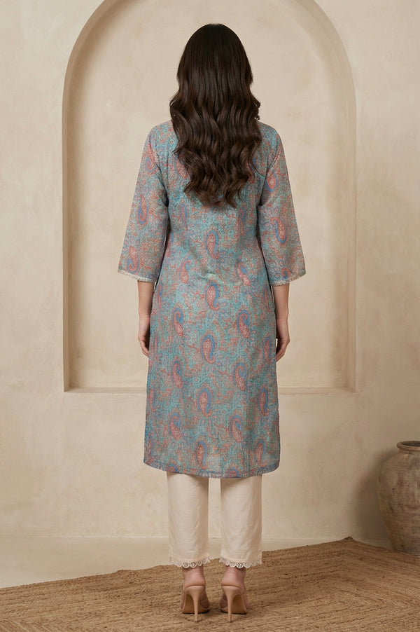 Turquoise Blue Ethnic Motifs Lace Kota Straight Kurta