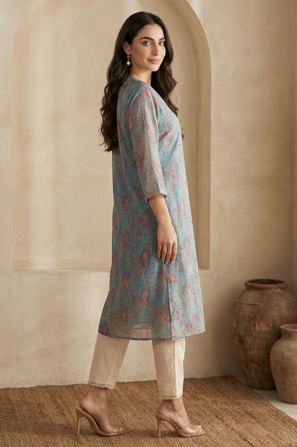 Turquoise Blue Ethnic Motifs Lace Kota Straight Kurta
