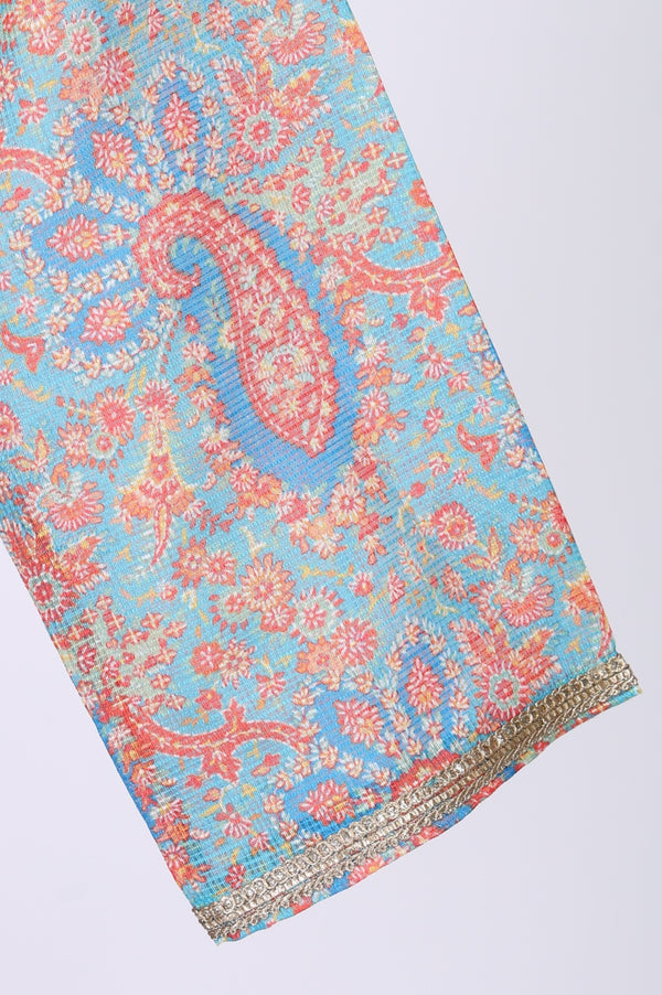 Turquoise Blue Ethnic Motifs Lace Kota Straight Kurta
