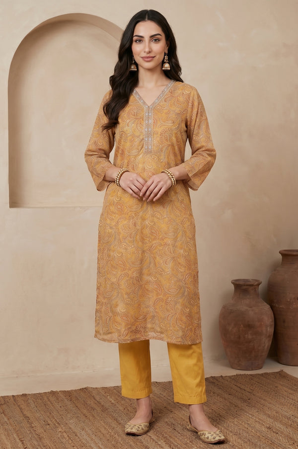 Mustard Paisley Embroidered Tissue Straight Kurta