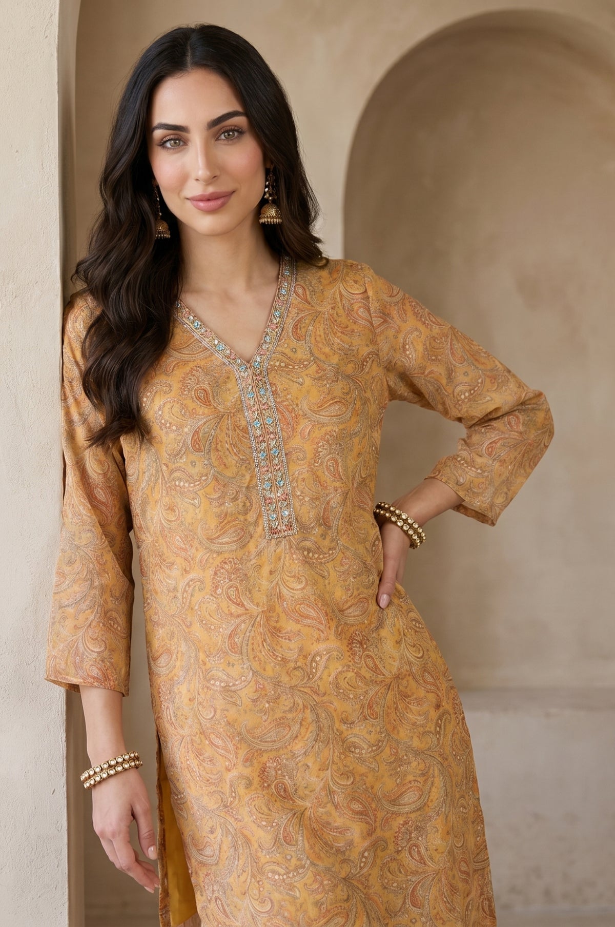 Mustard Paisley Embroidered Tissue Straight Kurta