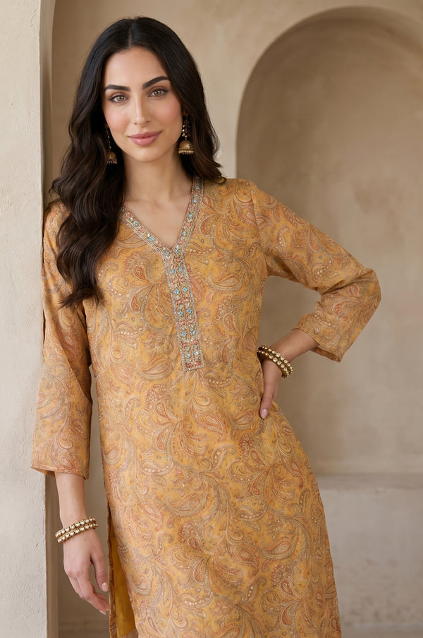 Mustard Paisley Embroidered Tissue Straight Kurta