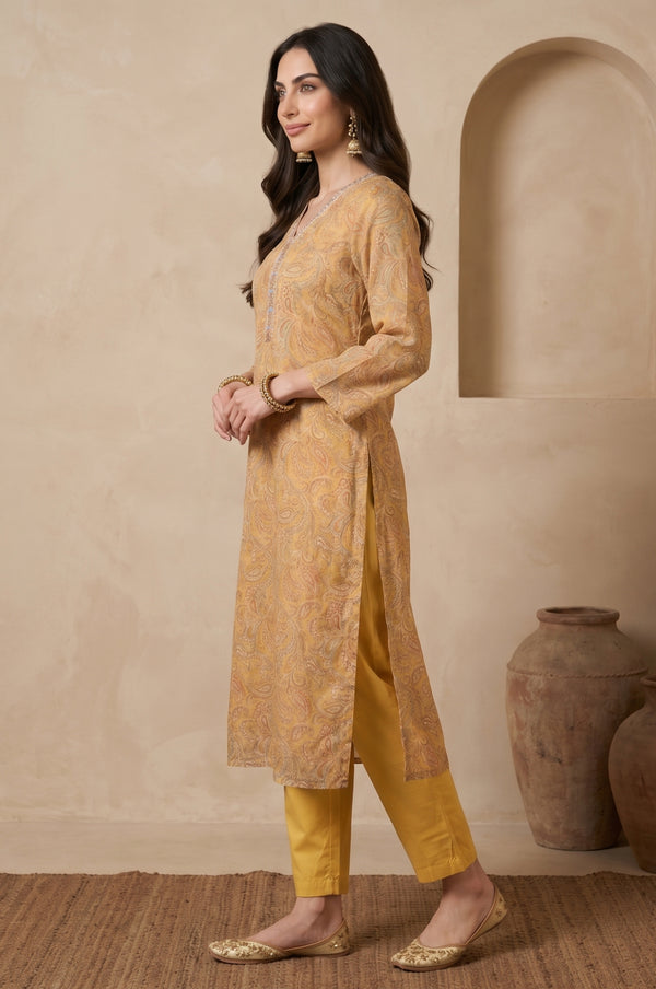 Mustard Paisley Embroidered Tissue Straight Kurta