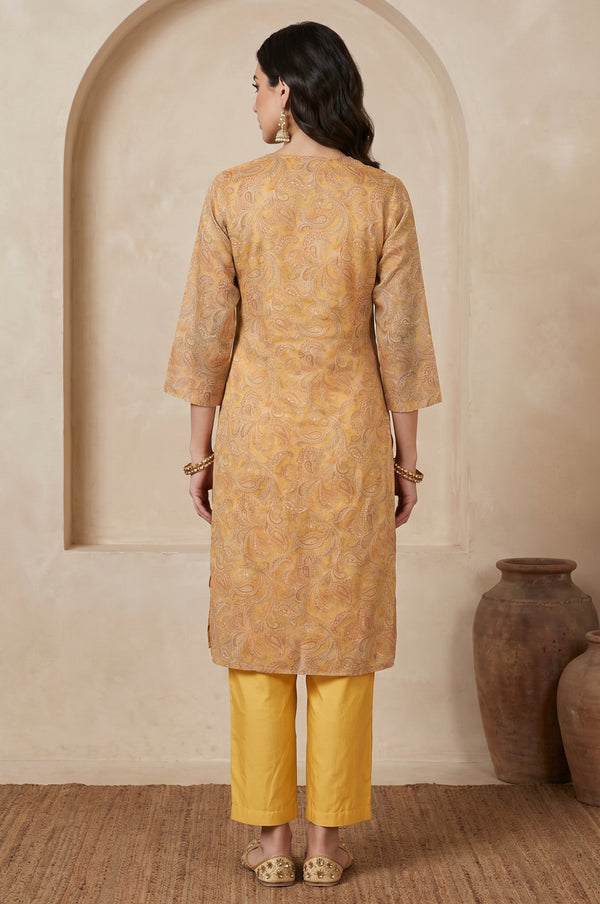 Mustard Paisley Embroidered Tissue Straight Kurta