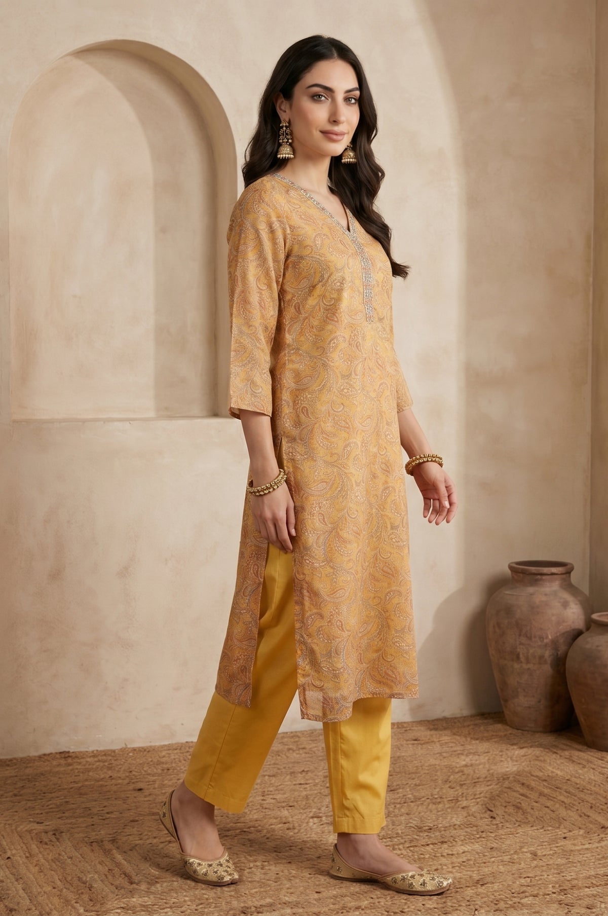 Mustard Paisley Embroidered Tissue Straight Kurta