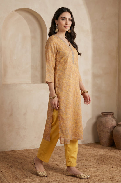 Mustard Paisley Embroidered Tissue Straight Kurta