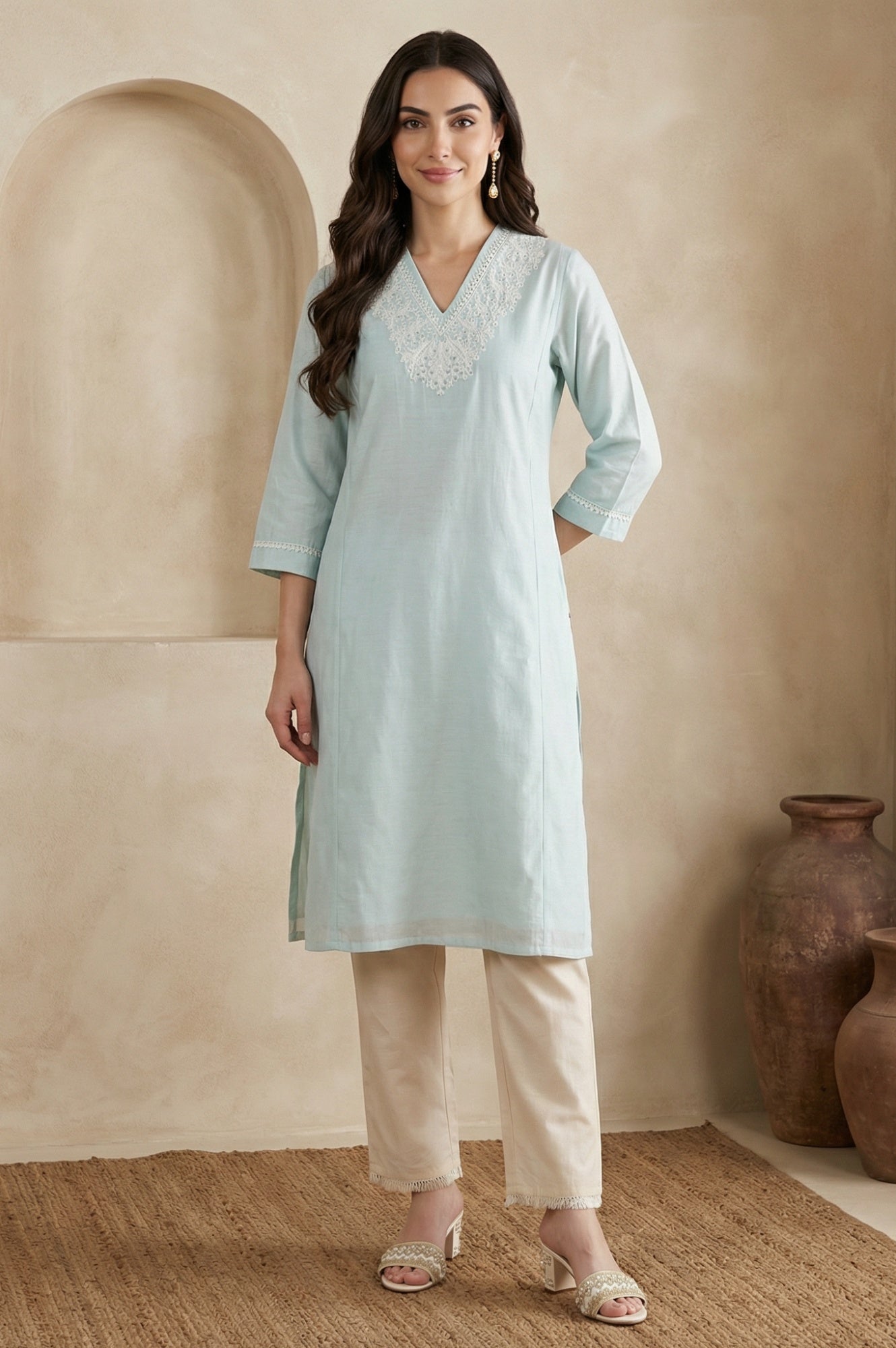 Blue Yarn Dyed Chikankari Embroidered Straight Kurta