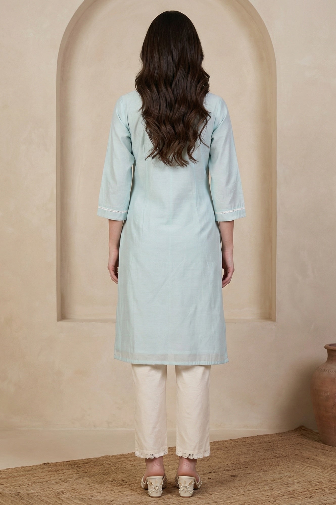Blue Yarn Dyed Chikankari Embroidered Straight Kurta