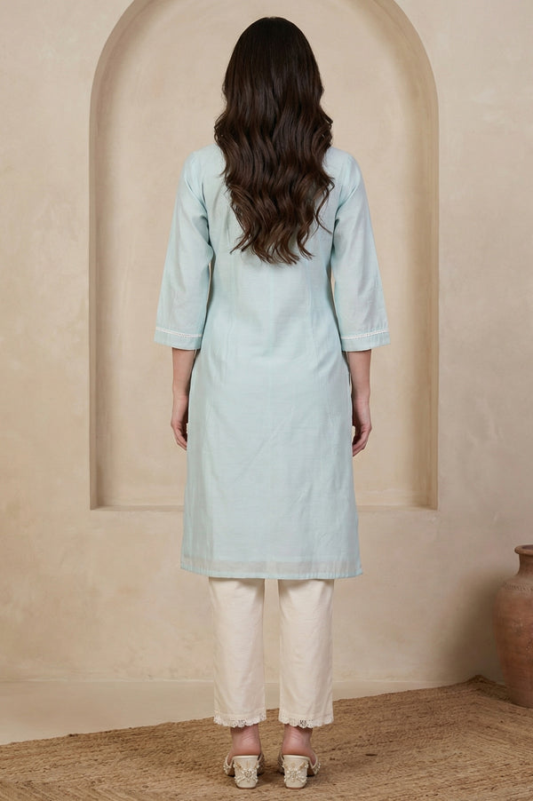 Blue Yarn Dyed Chikankari Embroidered Straight Kurta