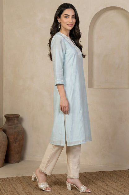 Blue Yarn Dyed Chikankari Embroidered Straight Kurta