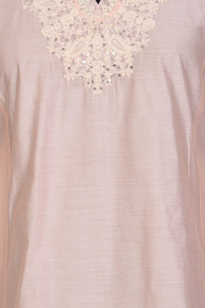 Peach Yarn Dyed Chikankari Embroidered Straight Kurta