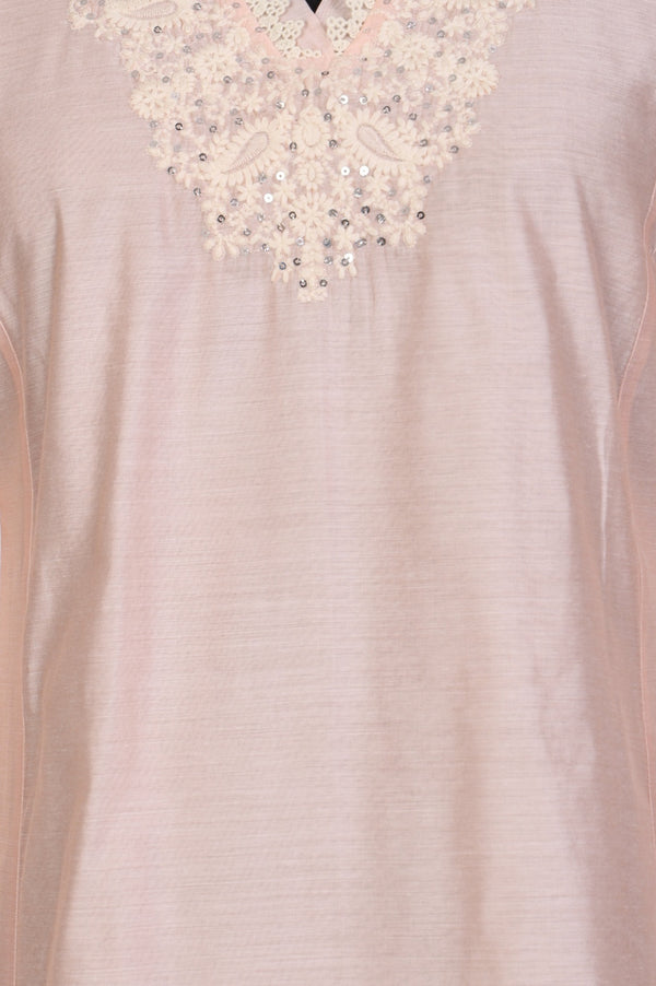 Peach Yarn Dyed Chikankari Embroidered Straight Kurta