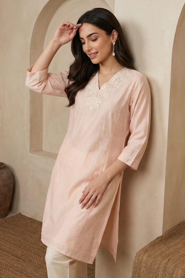 Peach Yarn Dyed Chikankari Embroidered Straight Kurta