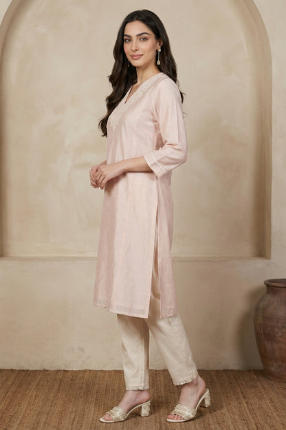 Peach Yarn Dyed Chikankari Embroidered Straight Kurta