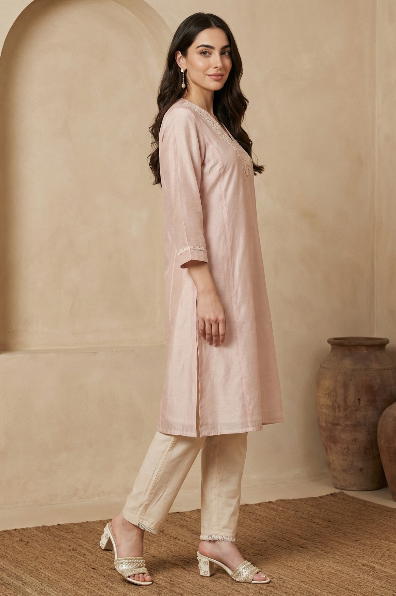 Peach Yarn Dyed Chikankari Embroidered Straight Kurta
