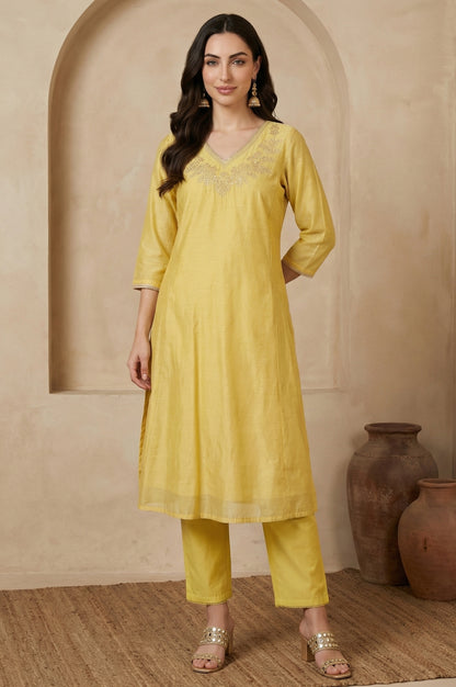 Yellow Embroidered Chanderi A-line Kurta