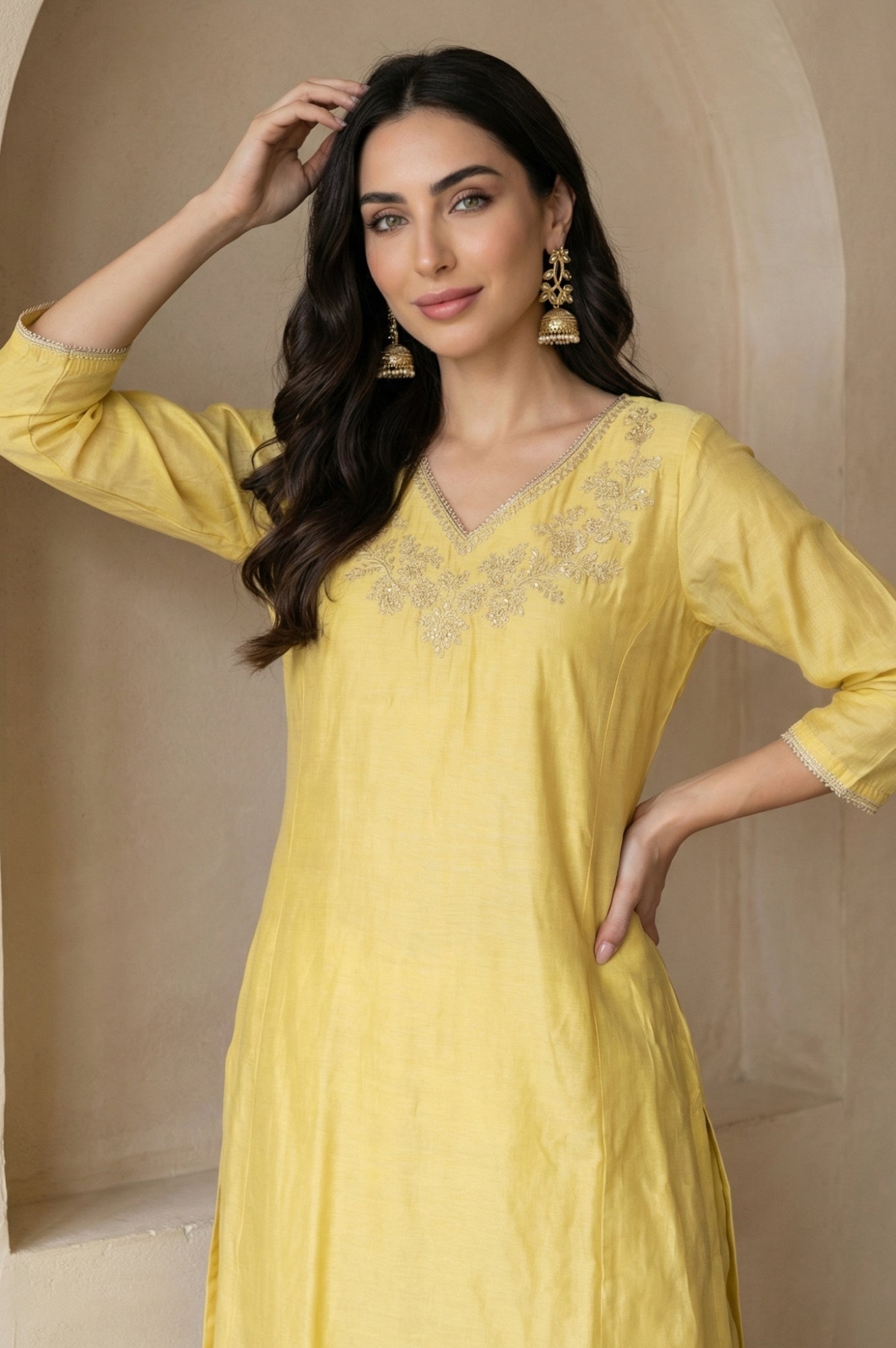 Yellow Embroidered Chanderi A-line Kurta