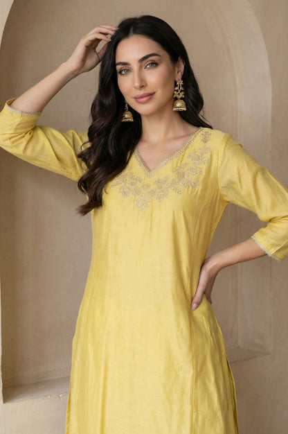 Yellow Embroidered Chanderi A-line Kurta