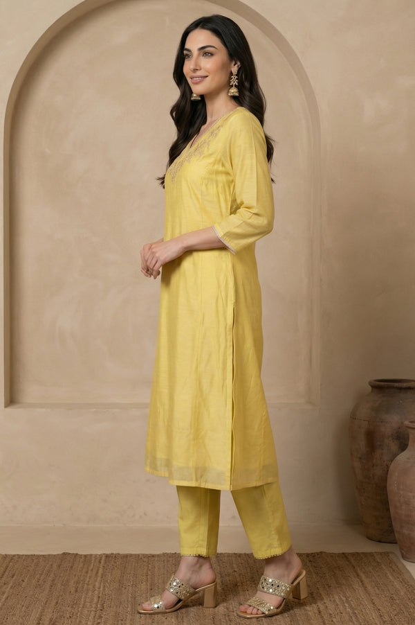 Yellow Embroidered Chanderi A-line Kurta