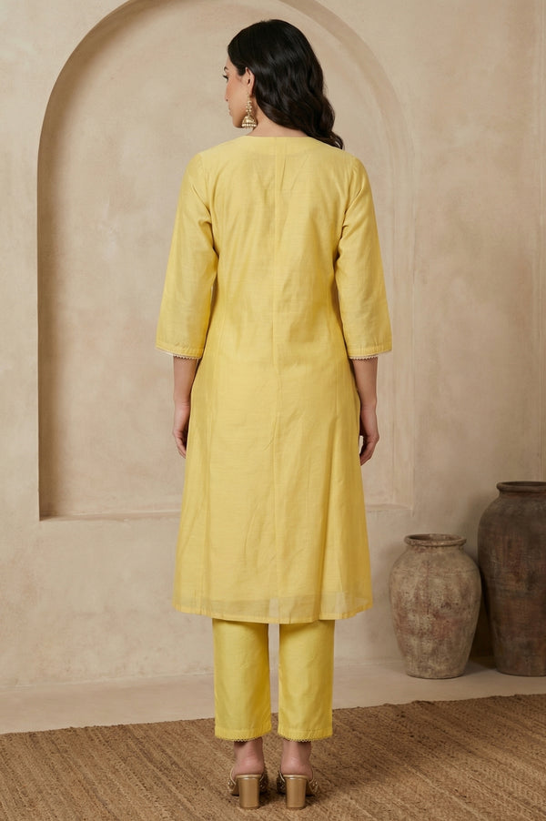 Yellow Embroidered Chanderi A-line Kurta