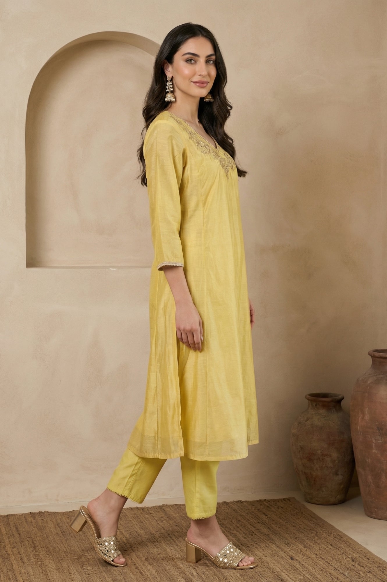 Yellow Embroidered Chanderi A-line Kurta