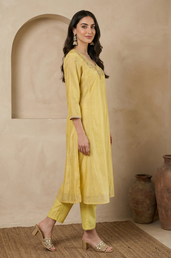 Yellow Embroidered Chanderi A-line Kurta