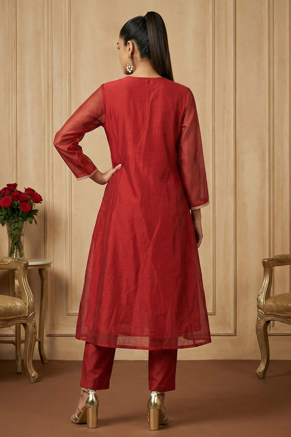 Maroon Yarn Dyed Zari Embroidered Straight Chanderi Kurta