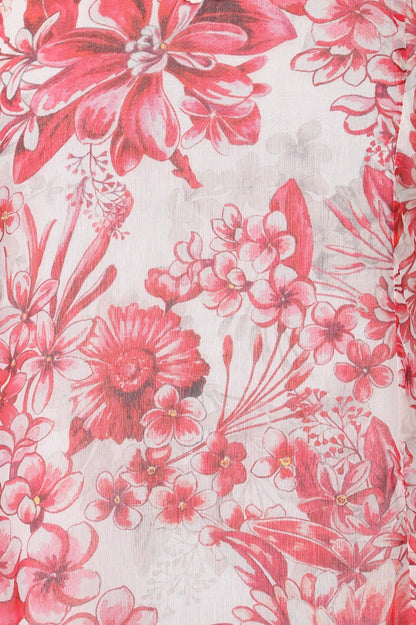 Off-White and Red Floral Printed Chiffon Straight Kurta