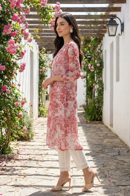 Off-White and Red Floral Printed Chiffon Straight Kurta