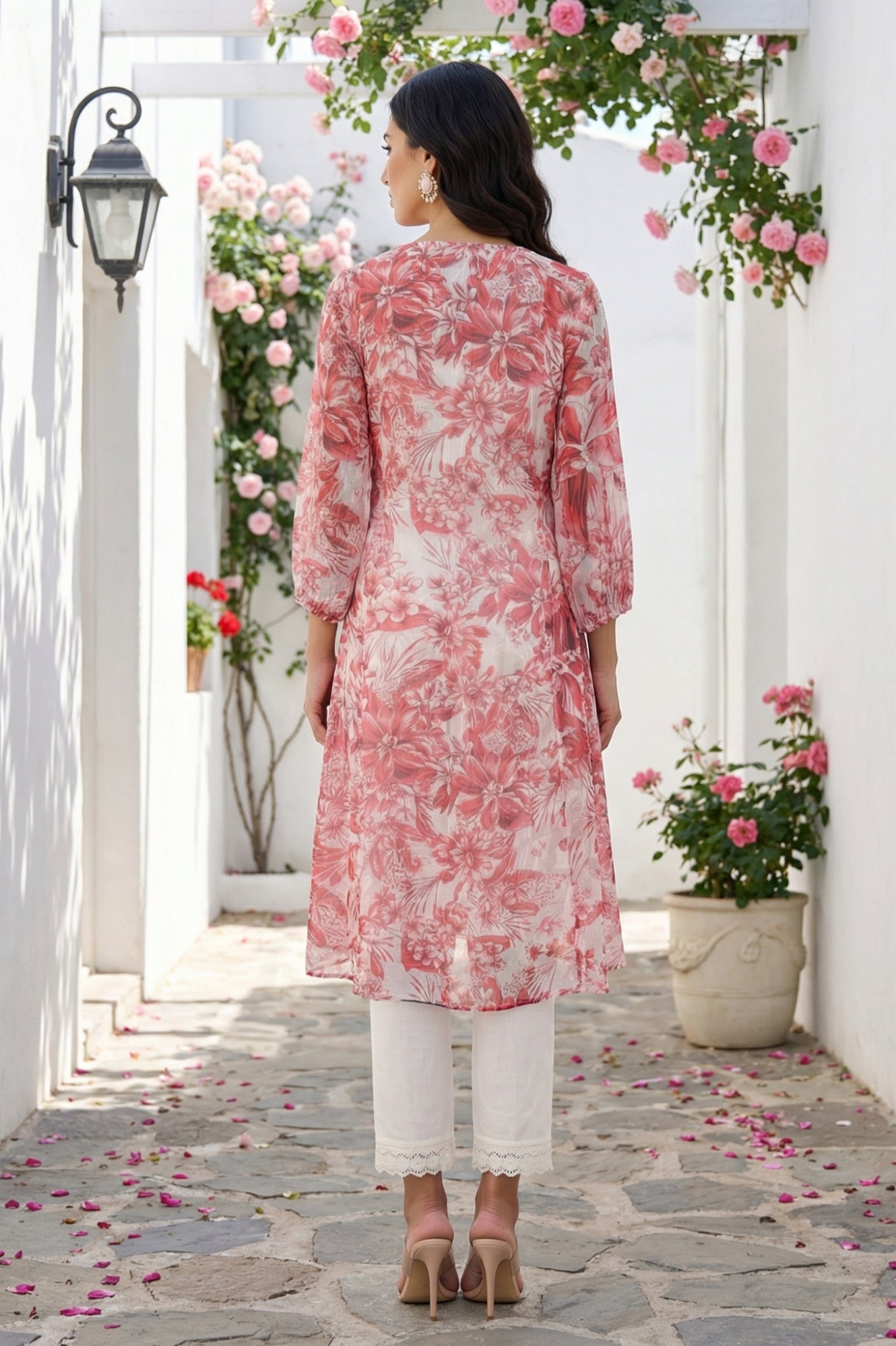 Off-White and Red Floral Printed Chiffon Straight Kurta