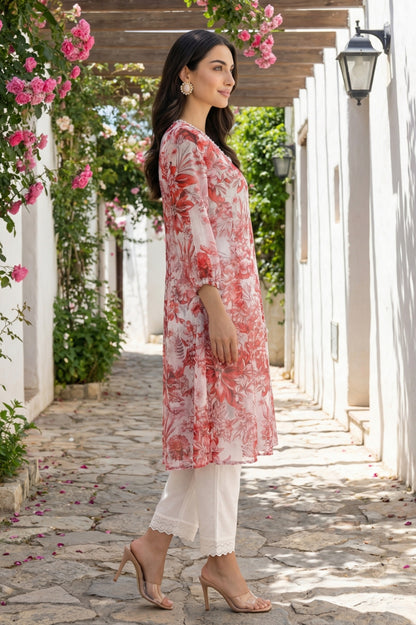 Off-White and Red Floral Printed Chiffon Straight Kurta