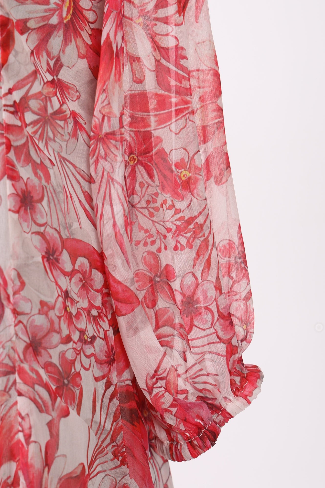 Off-White and Red Floral Printed Chiffon Straight Kurta