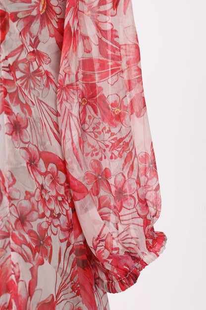 Off-White and Red Floral Printed Chiffon Straight Kurta