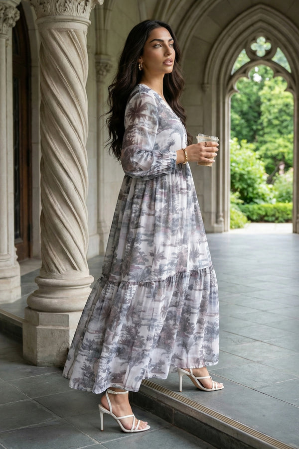 Grey Floral Printed Silver Chiffon Flared Dress