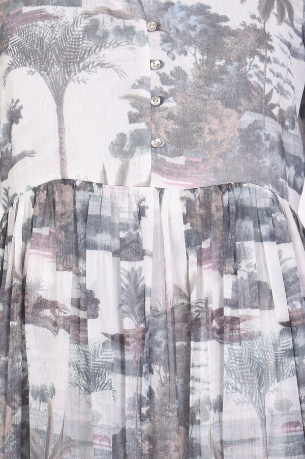 Grey Floral Printed Silver Chiffon Flared Dress