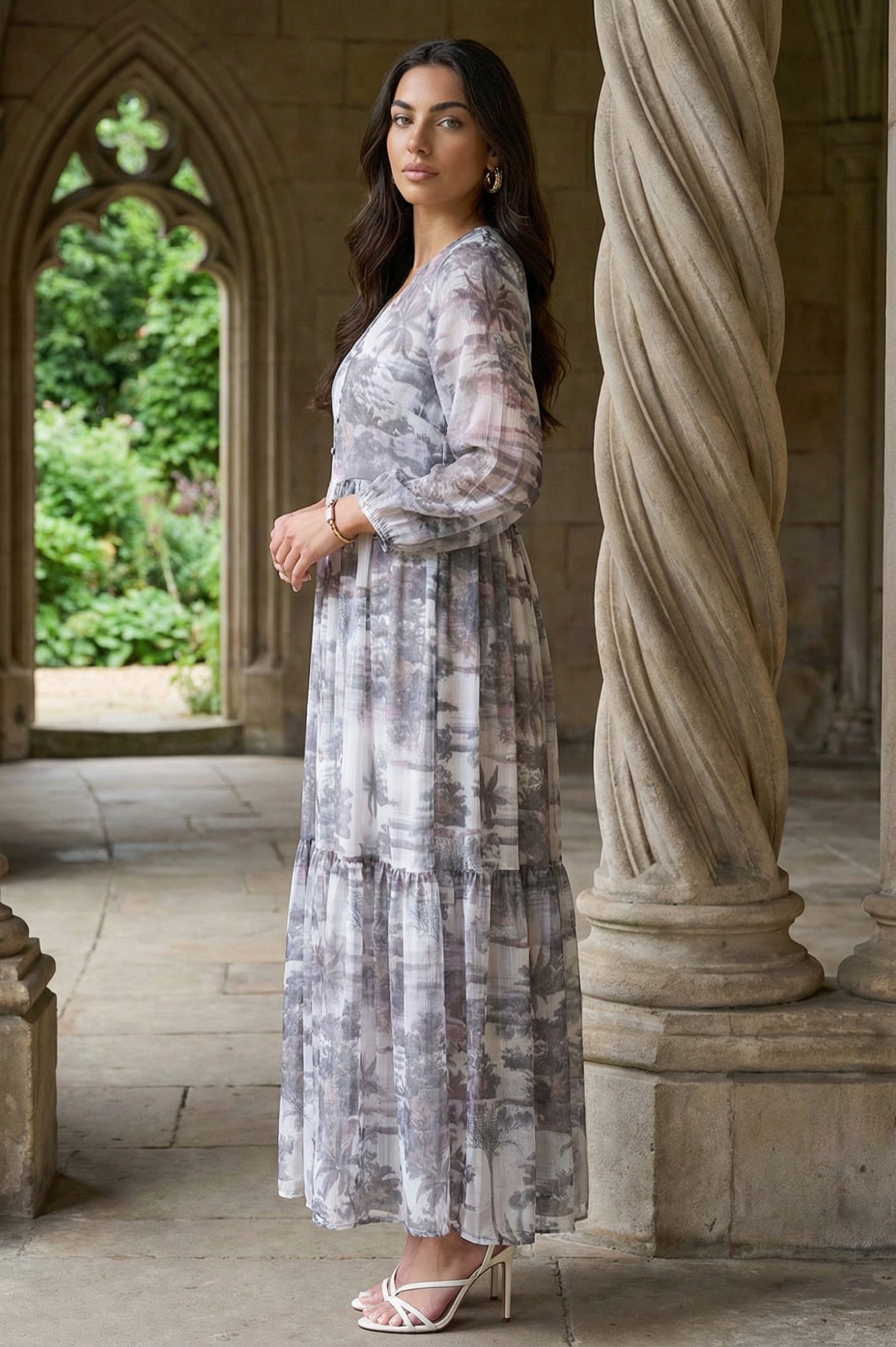 Grey Floral Printed Silver Chiffon Flared Dress