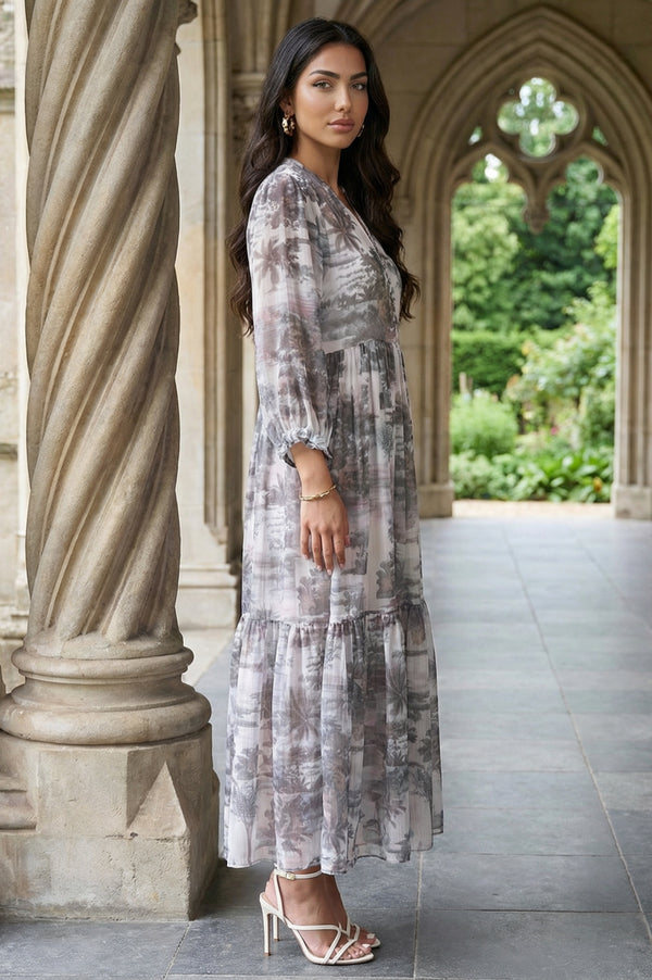 Grey Floral Printed Silver Chiffon Flared Dress