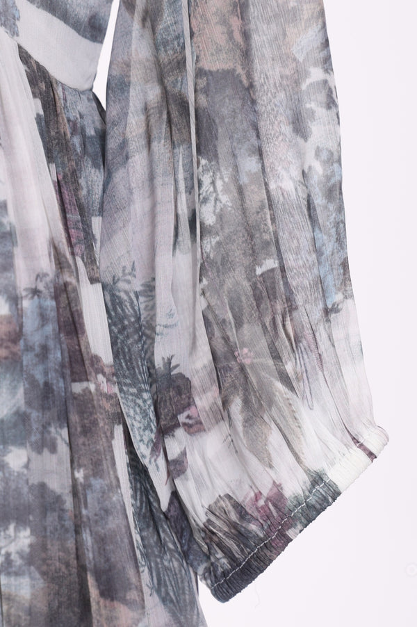 Grey Floral Printed Silver Chiffon Flared Dress