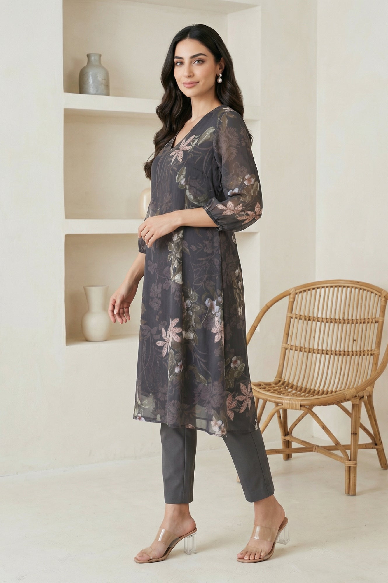 Black Floral Printed Chiffon Straight Kurta