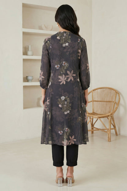 Black Floral Printed Chiffon Straight Kurta